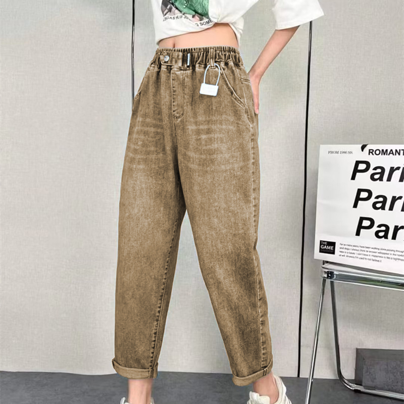 牛仔褲男女款高腰大碼鬆緊腰哈倫褲